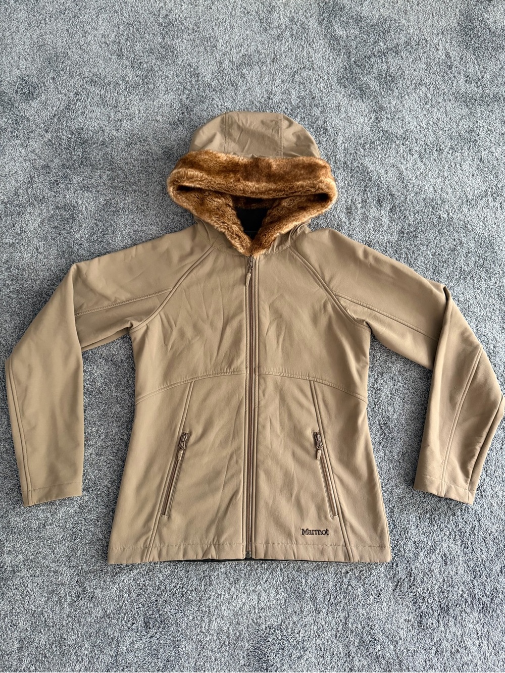Marmot Women's Brown Hooded Jacket with Brown Faux Fur Trim
